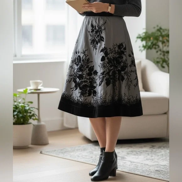 MSK Silver Black Velvet Floral Skirt XL – Holiday Party Dress Midi - Picture 12 of 12